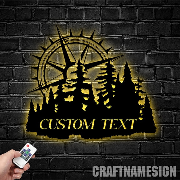 Craftnamesign Custom Nautical Compass Metal Wall Art LED Light, Coordinates Sign, Compass Sign