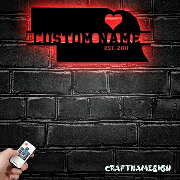 Craftnamesign Custom Nebraska Map Metal LED Light, Personalized Nebraska State Name Sign Home Decor