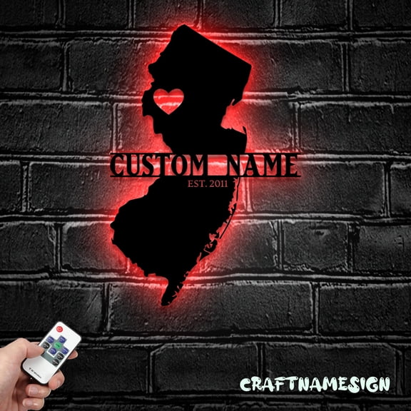 Craftnamesign Custom New Jersey Map Metal Wall Art LED Light, Custom New Jersey State Name Sign