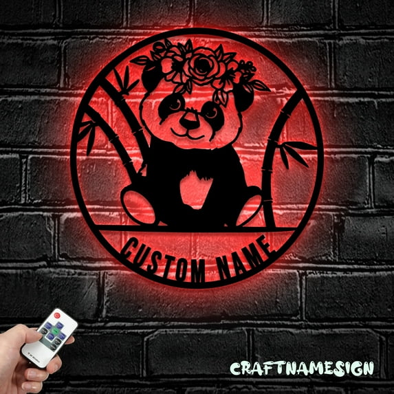 Craftnamesign Custom Panda Bear Metal Wall Art LED Light, Personalized Lazy Panda Name Sign