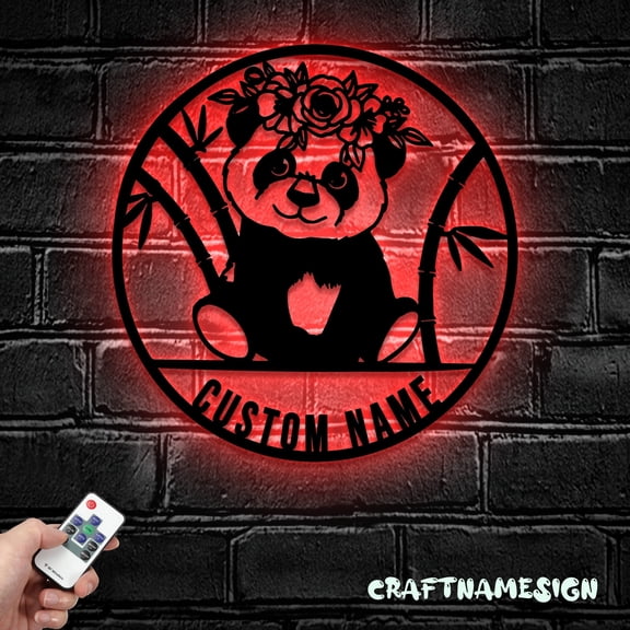 Craftnamesign Custom Panda Bear Metal Wall Art LED Light, Personalized Lazy Panda Name Sign