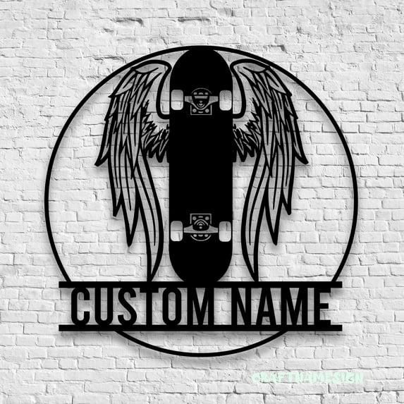 Craftnamesign Custom Skateboard Wings Metal Wall Art LED Light, Custom Skateboarding Name Sign