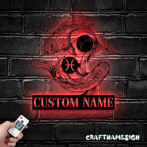 Craftnamesign Custom Pisces Zodiac Symbol Metal Wall Art LED Light, Custom Horoscope Name Sign