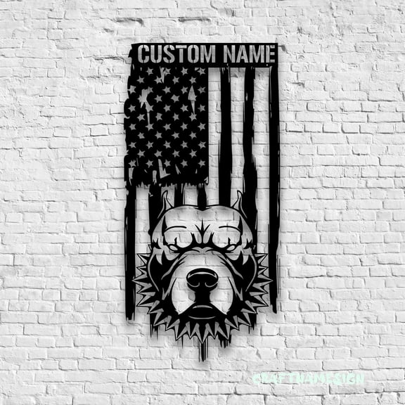 Craftnamesign Custom Pitbull US Flag Metal Sign LED Light, Pitbull Dog Sign, Pitbull Wall Decor