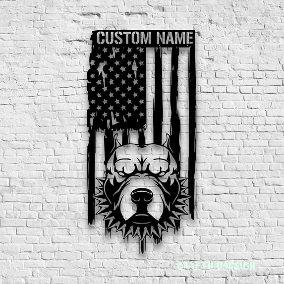 Craftnamesign Custom Pitbull US Flag Metal Sign LED Light, Pitbull Dog Sign, Pitbull Wall Decor