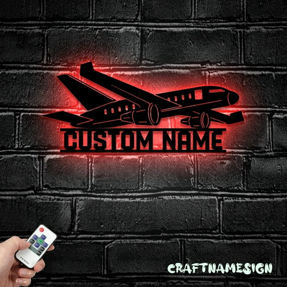Craftnamesign Custom Plane Metal Wall Art LED Light, Personalized Airplane Pilot Name Sign