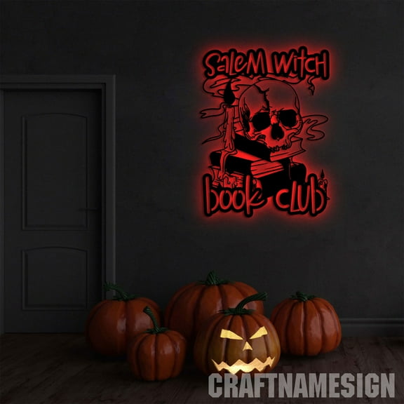 Craftnamesign Salem Witch Book Club Metal Sign Led Light, Halloween Skull Sign, Halloween Gifts