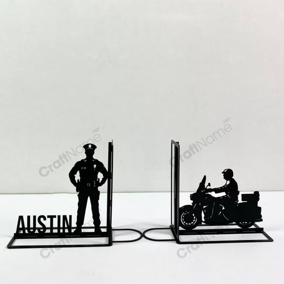 Craftnamesign Custom Police Man Metal Bookends, Policeman Book Shelf Holder, Metal Book Stand