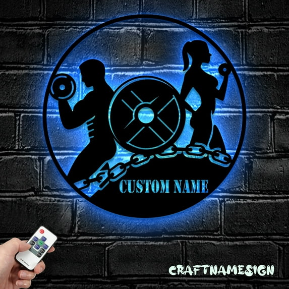 Craftnamesign Custom Powerlifting Metal Sign LED Light, Deadlift Barbell Sign, Workout Wall Decor