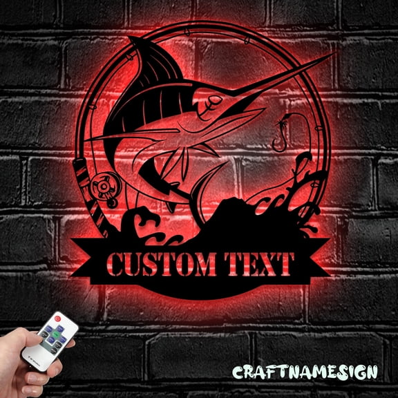 Craftnamesign Custom Marlin Fishing Metal Wall Art LED Light, Personalized Fisherman Name Sign