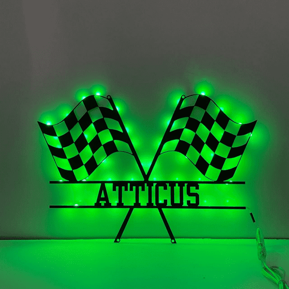 Craftnamesign Custom Racing Flag Metal Wall Art LED Light, Race Checkered Flag Name Sign
