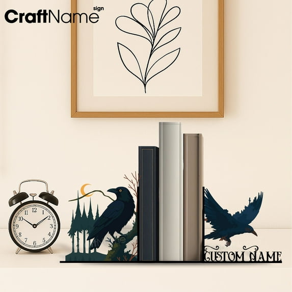 Craftnamesign Custom Raven Metal Bookend, Book Stand for Reading Corner Decor, Gift For Bookish
