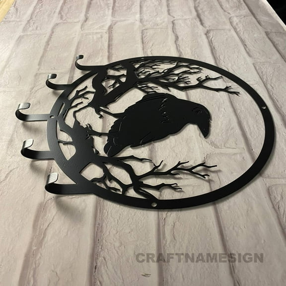 Craftnamesign Custom Raven Metal Key Holder, Crow Moon Metal Sign, Raven Metal Key Hanger