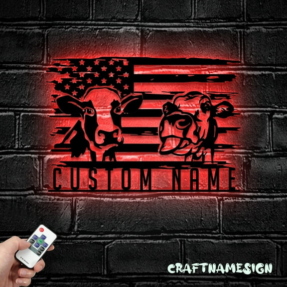 Craftnamesign Custom US Flag Cow Farmhouse Metal Wall Art LED Light, Funny Calf Farm Name Sign