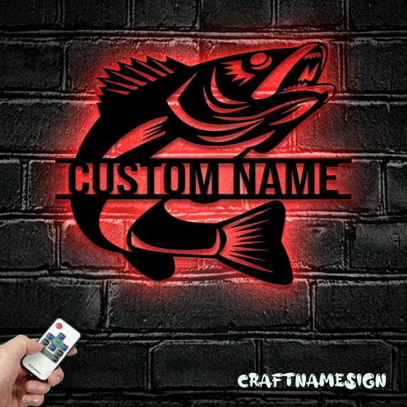 Craftnamesign Custom Walleye Fishing Metal Wall Art LED Light, Fisherman Name Sign, Fishing Sign