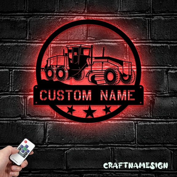 Craftnamesign Custom Road Grader Metal Wall Art LED Light, Custom Heavy Equipment Name Sign