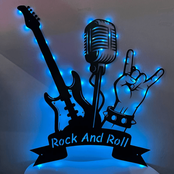 Craftnamesign Custom Rock And Roll Metal Wall Art LED Light, Live Music Sign Wall Decor