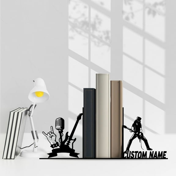 Craftnamesign Custom Rock n Roll Metal Bookends for Shelves, Rock Music Book Stoppers, Book Stand