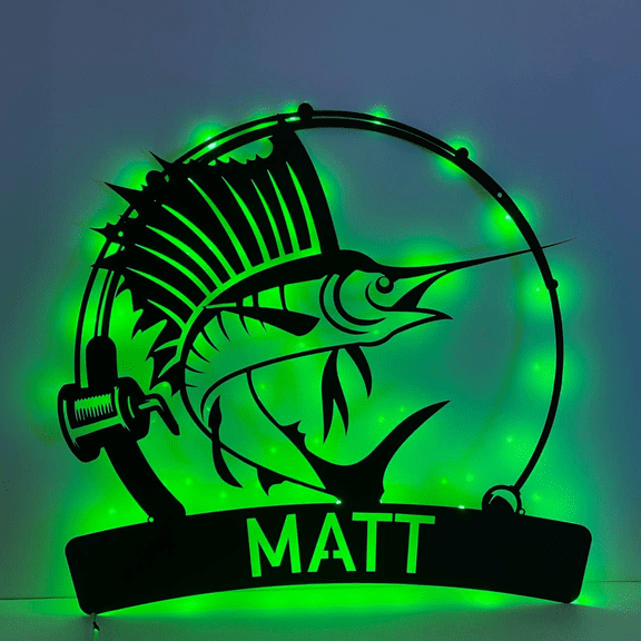 Craftnamesign Custom Sailfish Metal Wall Art LED Light, Fishing Name Sign Home Decor