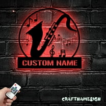 Craftnamesign Custom Saxophone Instrument Metal Wall Art LED Light, Saxophone Player Name Sign