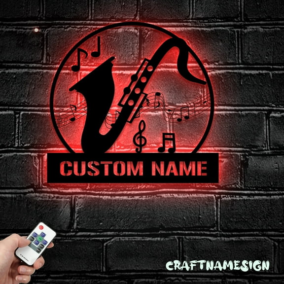 Craftnamesign Custom Saxophone Instrument Metal Wall Art LED Light, Saxophone Player Name Sign