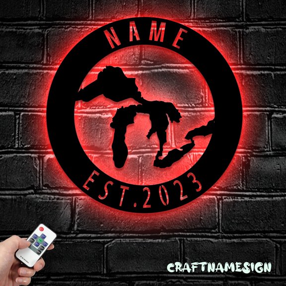 Craftnamesign Custom Laurentian Great Lakes Metal Wall Art LED Light, Custom Great Lakes Name Sign