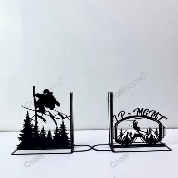 Craftnamesign Custom Skiing Metal Bookends for Shelves, Skiing Book Shelf Holder