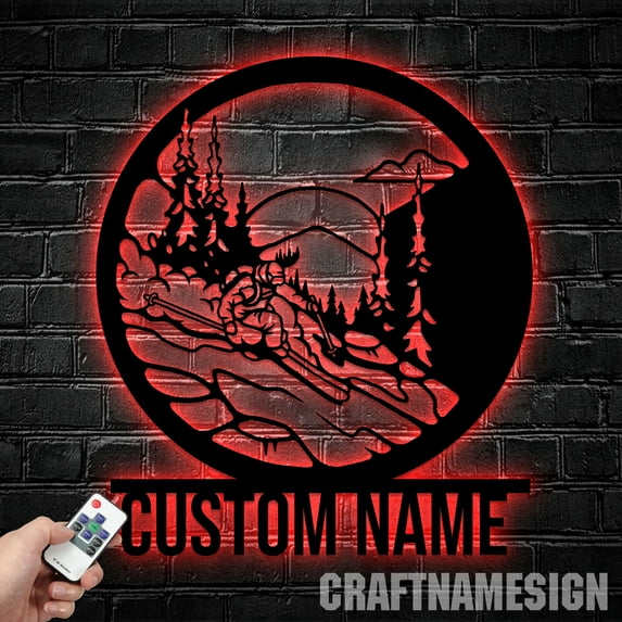 Craftnamesign Custom Skiing Metal Wall Art Led Light, Snowboarder Name Sign, Sport Gifts