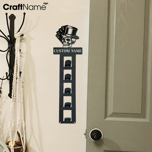 Craftnamesign Custom Skull Metal Hat Rack Wall Art, Unique Poker Cap Rack Organizer, Casino Decor