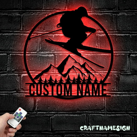 Craftnamesign Custom Snow Skiing Metal Sign LED Light, Custom Skier Name Sign, Winter Sport Sign