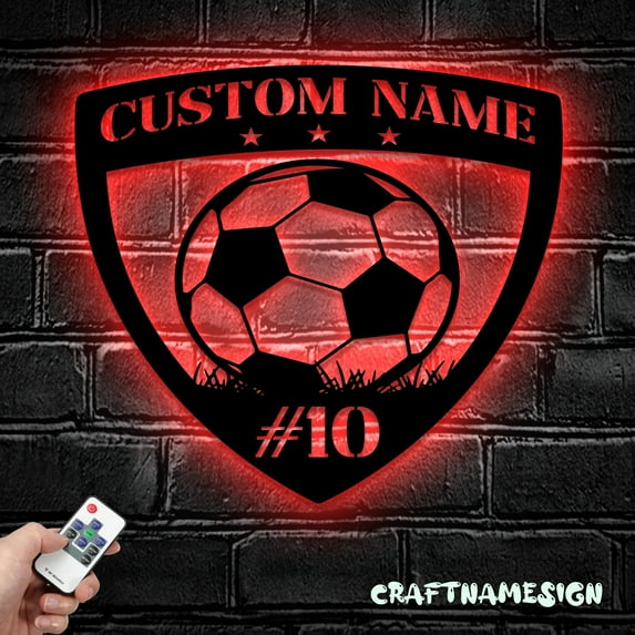 Craftnamesign Custom Soccer Ball Metal Wall Art LED Light, Personalized Football Player Lover Sign