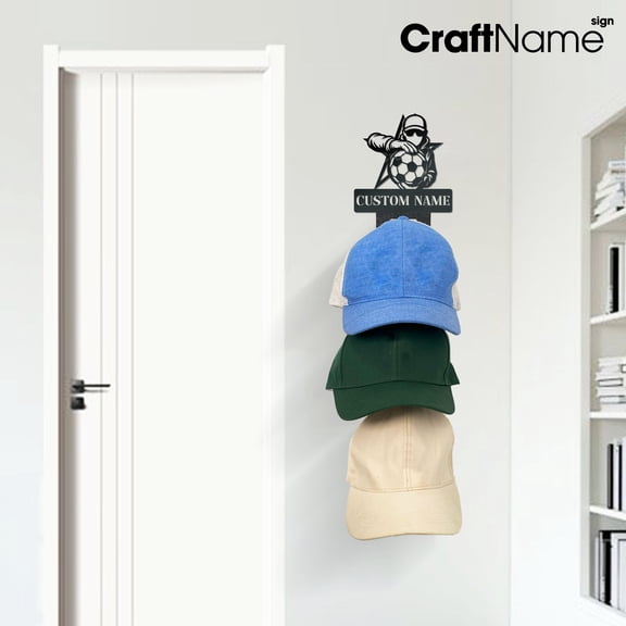 Craftnamesign Custom Soccer Player Metal Hat Rack, Wall Mounted Cap Organizer, Soccer Lover Gift