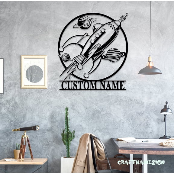 Craftnamesign Custom Spaceship Metal Wall Art LED Light, Rocket Sign, Spaceship Wall Decor