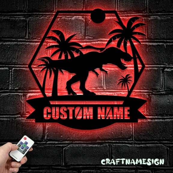 Craftnamesign Custom T Rex Tyrannosaurus Metal Wall Art LED Light, Custom T rex Dino Name Sign