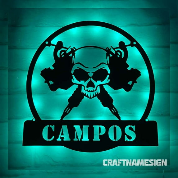 Craftnamesign Custom Tattoo Machine Artist Metal Wall Art LED Light, Custom Ink Studio Name Sign