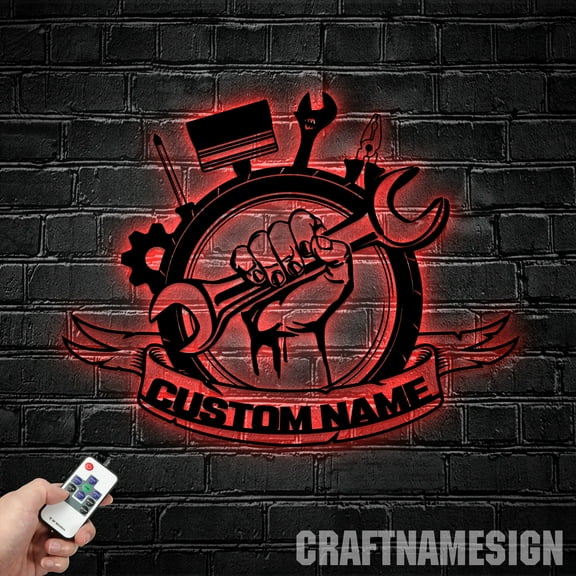 Craftnamesign Custom Tools Repair Metal Wall Art LED Light, Custom Garage Sign, Dad's Workshop Sign