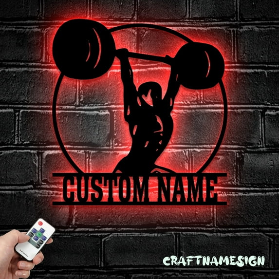 Craftnamesign Custom Powerlifting Workout Metal Wall Art LED Light, Deadlift Barbell Name Sign