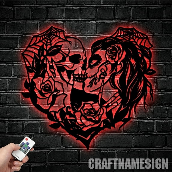 Craftnamesign Couple Skeleton Metal Wall Art Led Light, Skeleton Metal Sign, Skull Gothic Decor