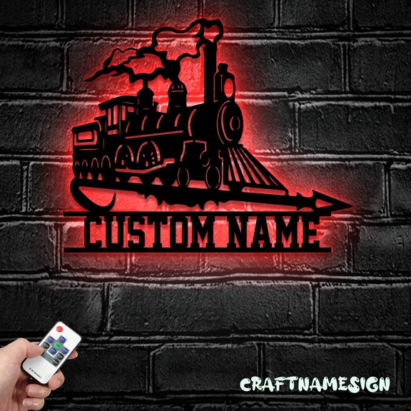 Craftnamesign Custom Train Locomotive Metal Wall Art LED Light, Train Driver Name Sign, Train Decor