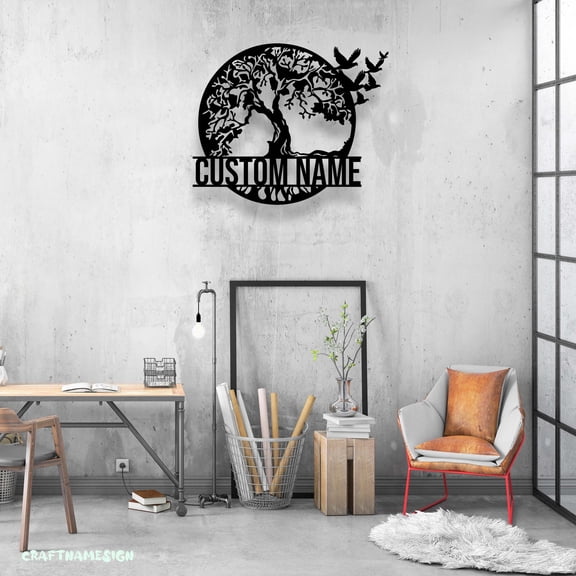 Craftnamesign Custom Tree Of Life Flying Bird Metal Wall Art LED Light, Custom Family Name Sign