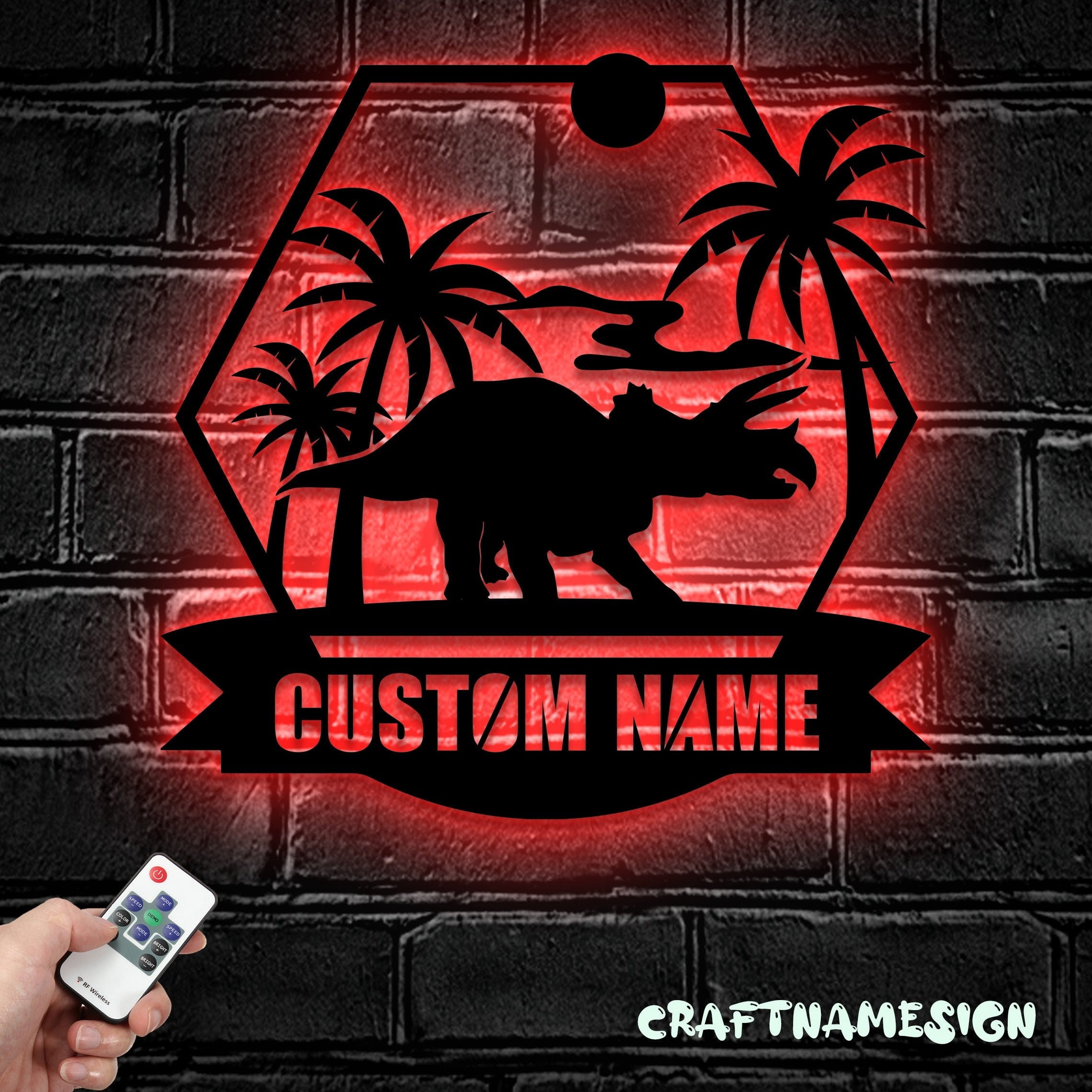 Craftnamesign Custom Triceratops Dinosaur Metal Wall Art LED Light ...