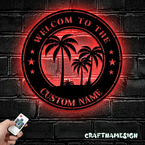 Craftnamesign Custom Tropical Patio Backyard Metal Wall Art LED Light, Palm Tree Pool Name Sign