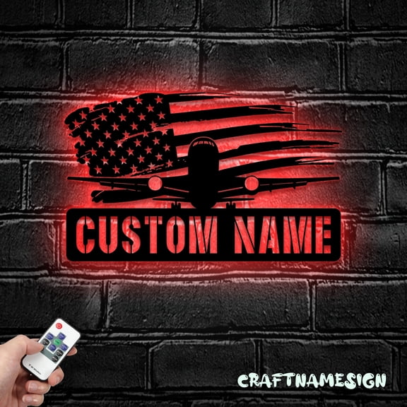 Craftnamesign Custom US Airplane Metal Wall Art LED Light, Personalized Pilot Name Sign, Pilot Gift