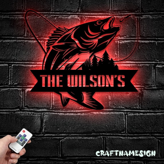 Craftnamesign Custom Walleye Fishing Metal Wall Art LED Light, Personalized Fisherman Name Sign