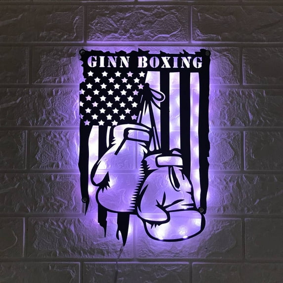 Craftnamesign Custom US Boxing Gloves Metal LED Light, Personalized American Boxer Name Sign Decor