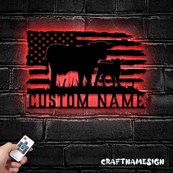 Craftnamesign Custom US Flag Cow Farmhouse Metal Sign LED Light, Custom Livestock Farm Name Sign