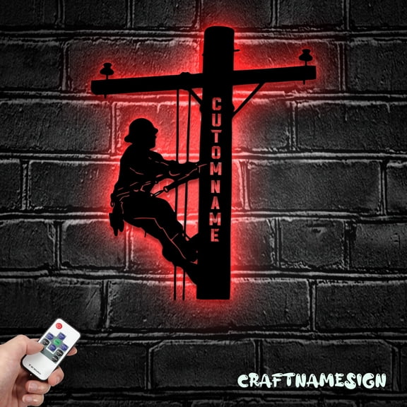 Craftnamesign Custom US Lineman Metal Wall Art LED Light, Custom Electrical Worker Name Sign