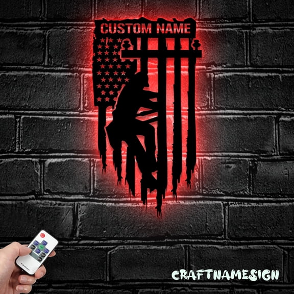 Craftnamesign Custom US Lineman Metal Wall Art LED Light, Personalized Electrical Worker Name Sign