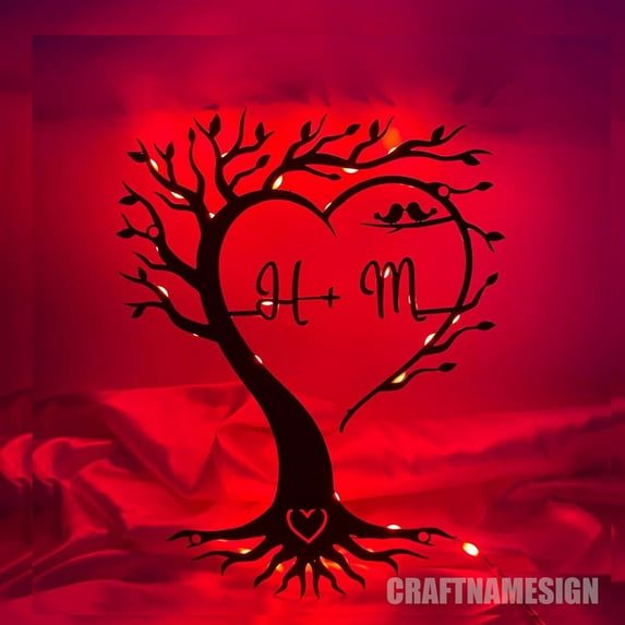 Craftnamesign Custom Unique Tree Heart & Names Metal Wall Art, Tree Of Love Couples Sign