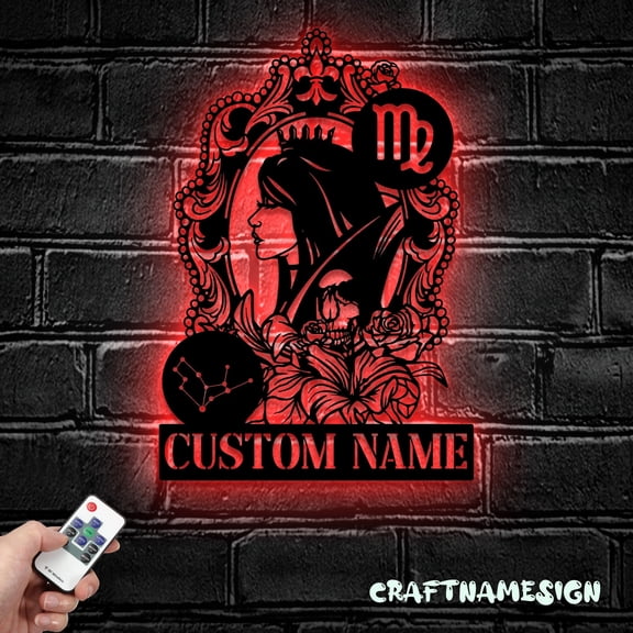 Craftnamesign Custom Virgo Zodiac Symbol Metal Wall Art LED Light, Custom Horoscope Name Sign